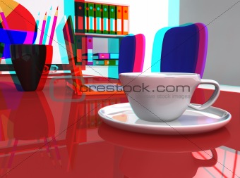 3D stereoscopic office desk with laptop and coffee