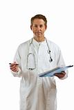 Male doctor with medical records on white background