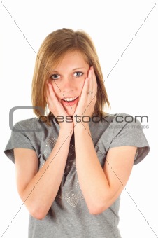 Shocked young girl on white background