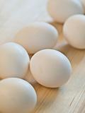 row of raw white chicken eggs