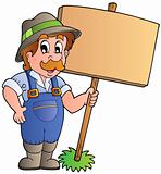 Cartoon farmer holding wooden board