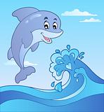 Jumping dolphin with cartoon wave 1