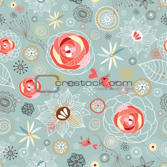 texture with roses and birds
