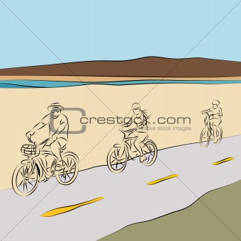 Family Riding Bicycles On The Beach