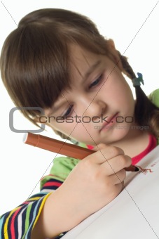 Cute girl draws color marker