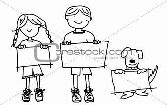 Kids and dog holding empty signs illustration