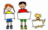 Kids and dog holding empty signs illustration