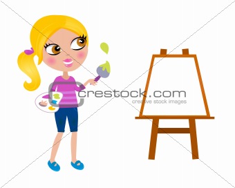 Cartoon happy little Painter girl with paint brush
