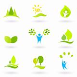 Tree, leaves and ecology vector icon set (blue and green)
