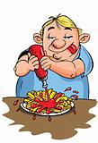 Cartoon of overweight man eating fries
