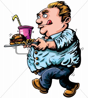 Cartoon of overweight man with fast food