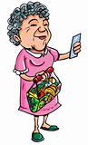 Cartoon of old lady shopping with shopping list
