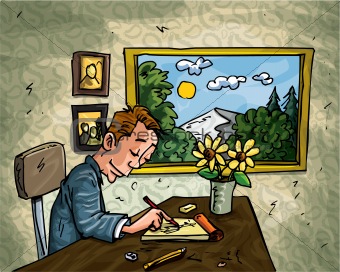 Cartoon man doodling at his desk