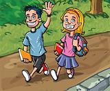 Cartoon boy and girl going to school
