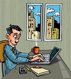 Cartoon office worker busy on his laptop