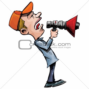 Cartoon man shouts through a megaphone