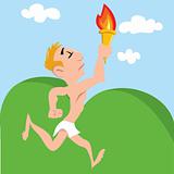 Cartoon Olympic athlete running with Olympic flame