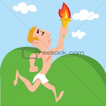 Cartoon Olympic athlete running with Olympic flame