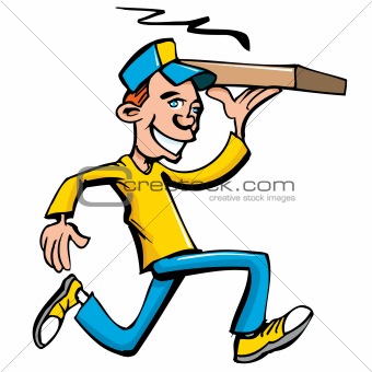 Cartoon of pizza running delivery boy