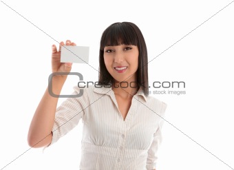 Woman holding business card