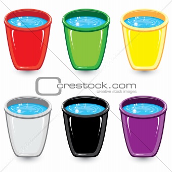 Set of colorful buckets of soapy water