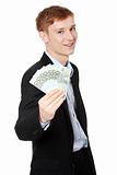 Young handsome businessman holding euros