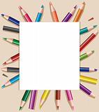 colored pencils under blank sheet of paper, vector illustration