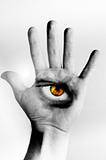 Hand with eye isolated on white background