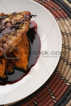 Grilled chicken breast, pumpkin mash and red wine sauce