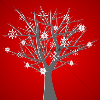 Tree over red with snow crystals