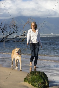 Woman walking dog.