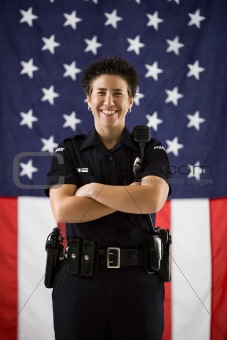 Policewoman and flag.