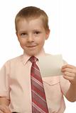The happy boy holds in a hand an envelope with the letter on a white background