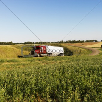 Semi truck on rural road.