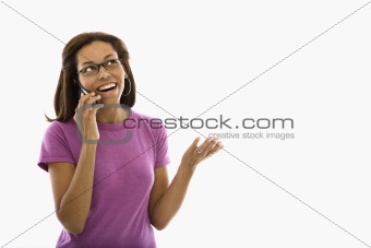 Woman talking on phone.