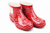 Red rubber boots with inscription