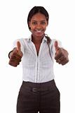 Young black woman making two thumbs up