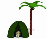Puppet rest under green tent near palm
