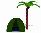 Green tent near high palm without puppet