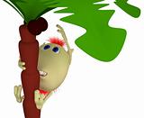Puppet clims on high palm after coconut