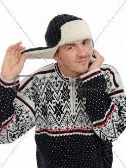 expressions. Funny winter man in warm hat and clothes 