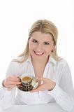 Pretty business woman drinking cup of espresso coffee. isolated 