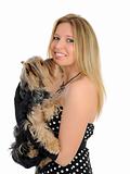Beautiful girl with small cute york terrier dog. isolated