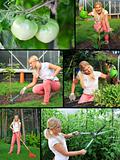 Collage. Beautiful casual woman gardening
