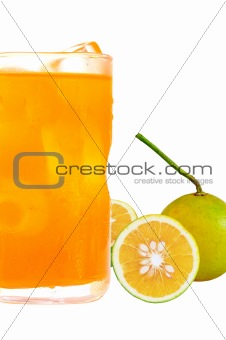 orange juice in glass and ice isolated on white background