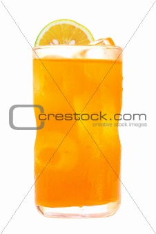 orange juice in glass and ice isolated on white background