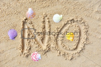 shell on sand around words "NO"
