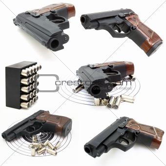 Set of The close up of a pistol a target and cartridges is isolated