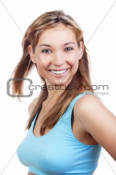 portrait of a young beautiful woman standing, smiling - isolated on white