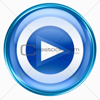 Play icon button blue, isolated on white background.